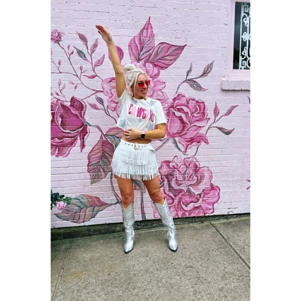 Born To Shine Belted Rhinestone Fringe Shorts in White - Picture 4 of 10